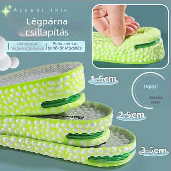 Uniszex magasságot növelő talpbetét popcorn légpárnával — teljes talpbetét, növelő funkció, sneakershez, bőr cipőkhöz, bakancsokhoz
