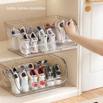 Cipő tároló doboz rekeszekkel, rakható, PET műanyagból, 1 L kapacitás, extra nagy méret