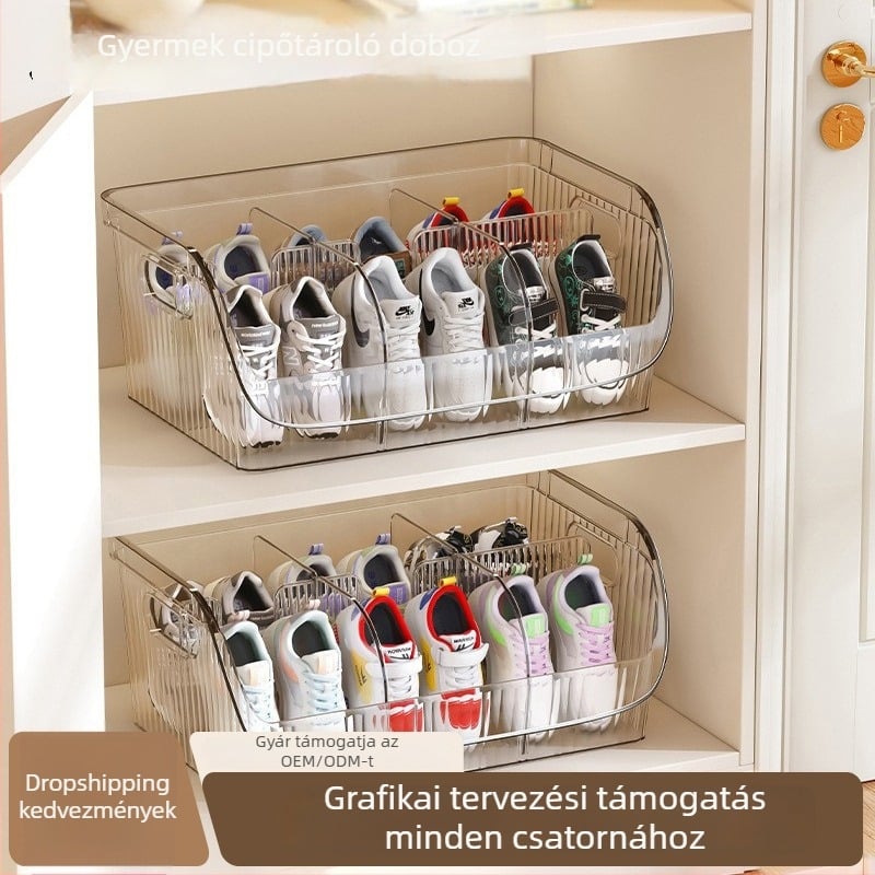 Cipő tároló doboz rekeszekkel, rakható, PET műanyagból, 1 L kapacitás, extra nagy méret