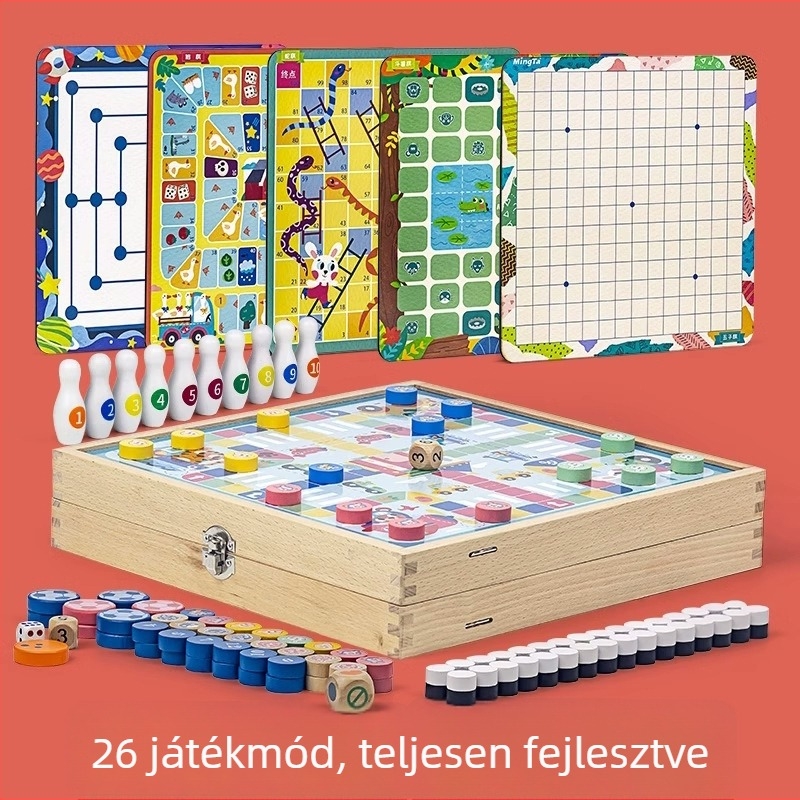 16-in-1 fa társasjáték készlet: Gomoku és repülő sakk, oktató interaktív puzzle játék