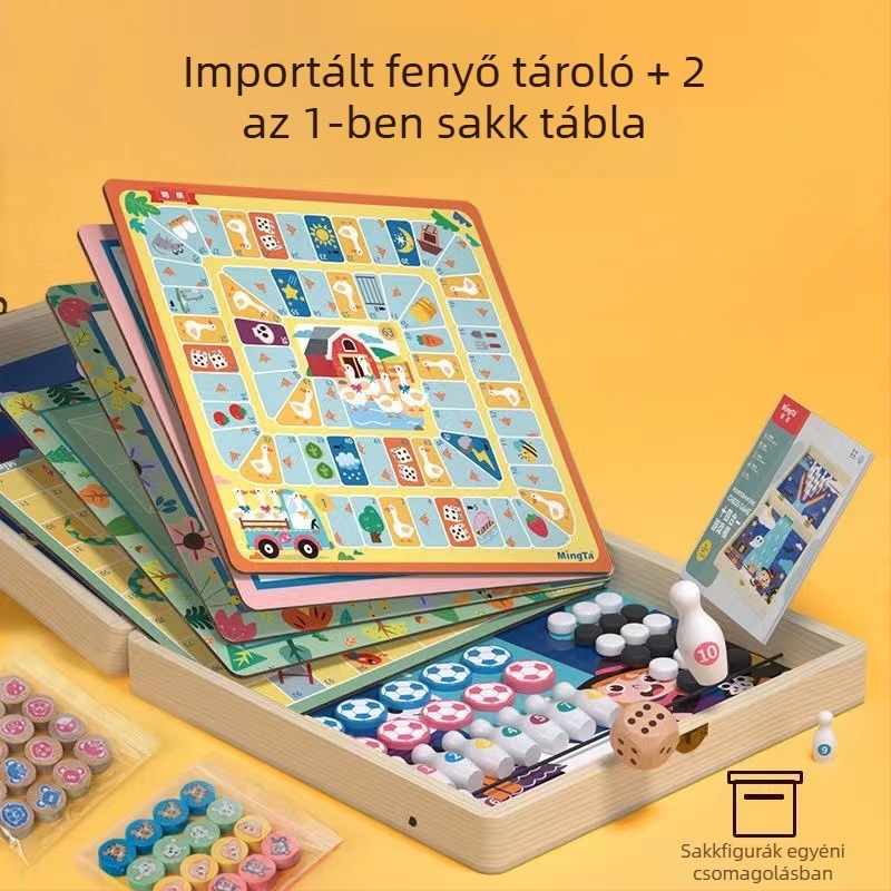 16-in-1 fa társasjáték készlet: Gomoku és repülő sakk, oktató interaktív puzzle játék