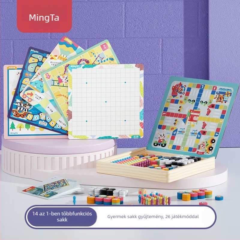 16-in-1 fa társasjáték készlet: Gomoku és repülő sakk, oktató interaktív puzzle játék
