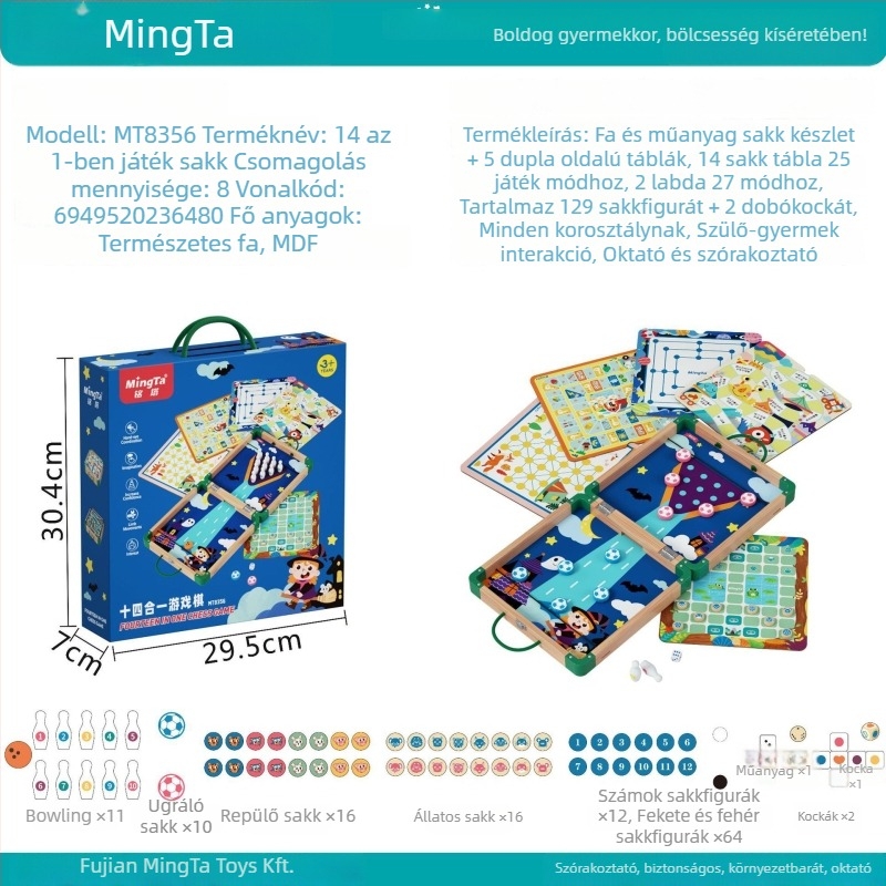 16-in-1 fa társasjáték készlet: Gomoku és repülő sakk, oktató interaktív puzzle játék