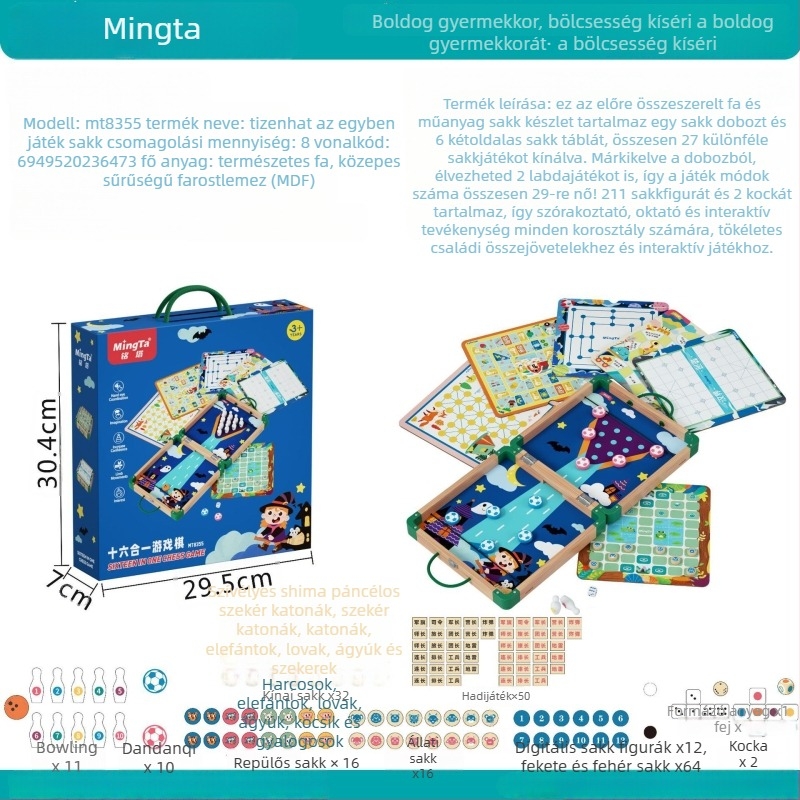 16-in-1 fa társasjáték készlet: Gomoku és repülő sakk, oktató interaktív puzzle játék