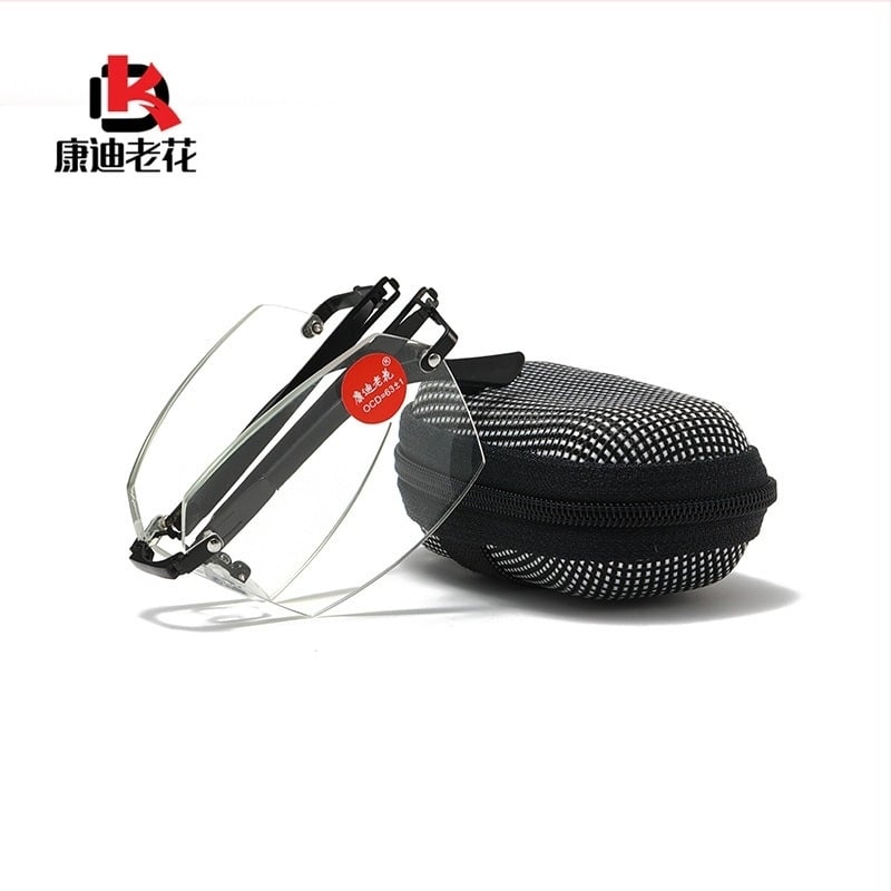 Olvasószemüveg keret nélküli, bifokális lencsék, kékfény elleni védelem, hordozható, összecsukható