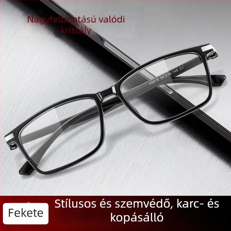 Kristálylencsés olvasószemüveg, TR90 keret, teljes keret, négyszögletes forma, myopia támogatás