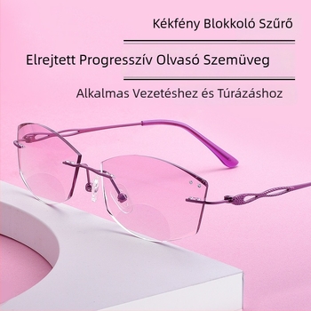 Rám nélküli olvasó szemüveg progresszív lencsékkel távolra és közelre, akril lencsék, UV-védelem és kékfény elleni védelem
