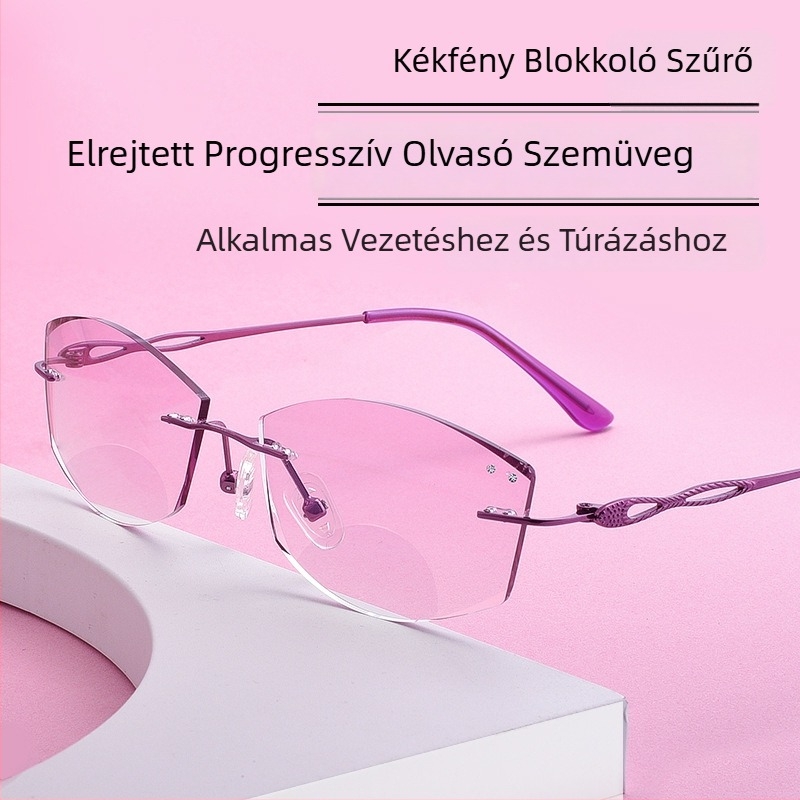 Rám nélküli olvasó szemüveg progresszív lencsékkel távolra és közelre, akril lencsék, UV-védelem és kékfény elleni védelem
