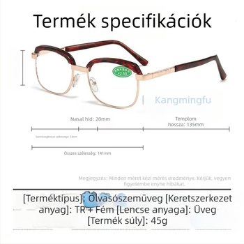 Preszbiópikus olvasó szemüveg, négyszögletes fémkeret, üveglencsék, vintage stílus