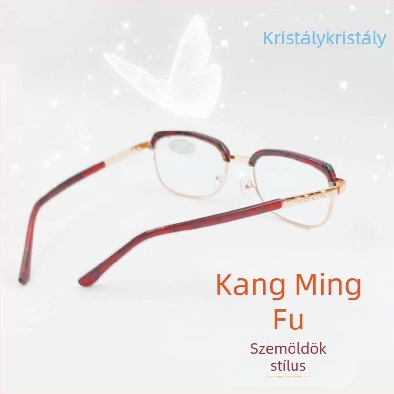 Preszbiópikus olvasó szemüveg, négyszögletes fémkeret, üveglencsék, vintage stílus