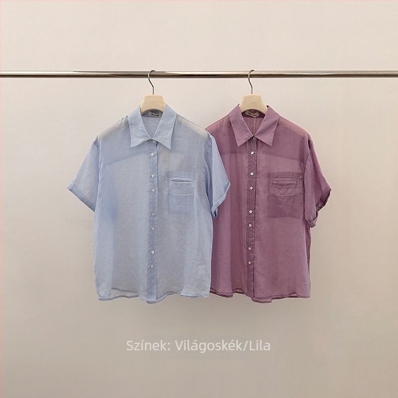 Női ramie anyagú rövid ujjú ing, koreai–japán lazább stílus, bő szabás, gallér, egy soros gombolás