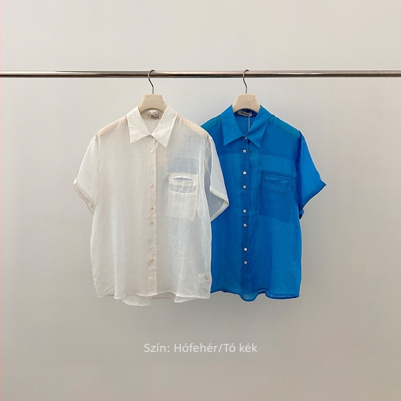 Női ramie anyagú rövid ujjú ing, koreai–japán lazább stílus, bő szabás, gallér, egy soros gombolás