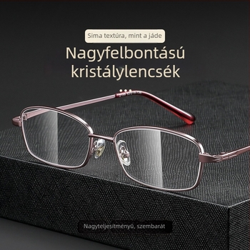Olvasó szemüveg kristály lencsékkel, fém keret, négyszögletes dizájn, rövidlátás-kompatibilis