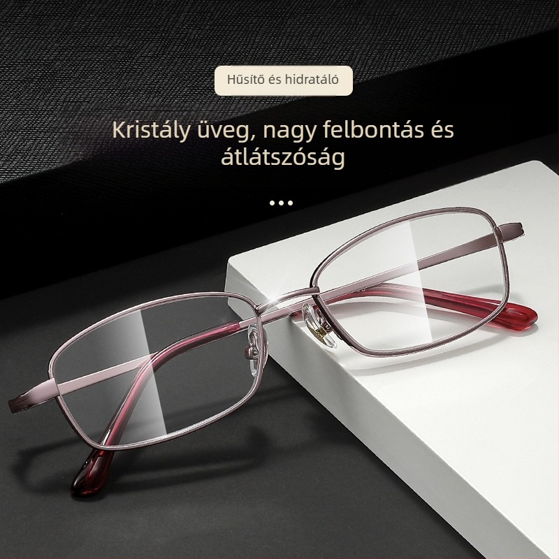 Olvasó szemüveg kristály lencsékkel, fém keret, négyszögletes dizájn, rövidlátás-kompatibilis