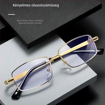 Nagy keretű fém olvasószemüveg, kékfény elleni, anti-fáradtság, időseknek, négyszögletes keret