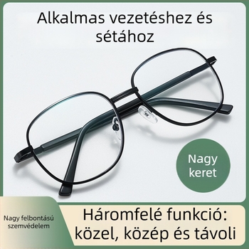 Kétfunkciós olvasó szemüveg anti-kék fényű lencsékkel, műgyanta lencsék, fém keret, teljes keret, kerek forma, felnőtteknek, nagy arcúak számára, 2024 nyári kiadás
