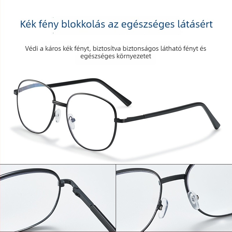 Kétfunkciós olvasó szemüveg anti-kék fényű lencsékkel, műgyanta lencsék, fém keret, teljes keret, kerek forma, felnőtteknek, nagy arcúak számára, 2024 nyári kiadás