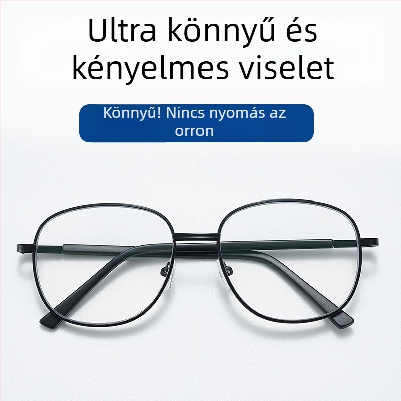 Kétfunkciós olvasó szemüveg anti-kék fényű lencsékkel, műgyanta lencsék, fém keret, teljes keret, kerek forma, felnőtteknek, nagy arcúak számára, 2024 nyári kiadás