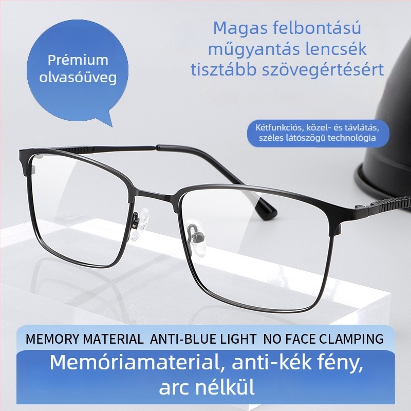  Olvasó szemüveg, többfokozatú, anti-kék fény, teljes keret, fém-titán váz, uniszex, közeli és távoli látásra