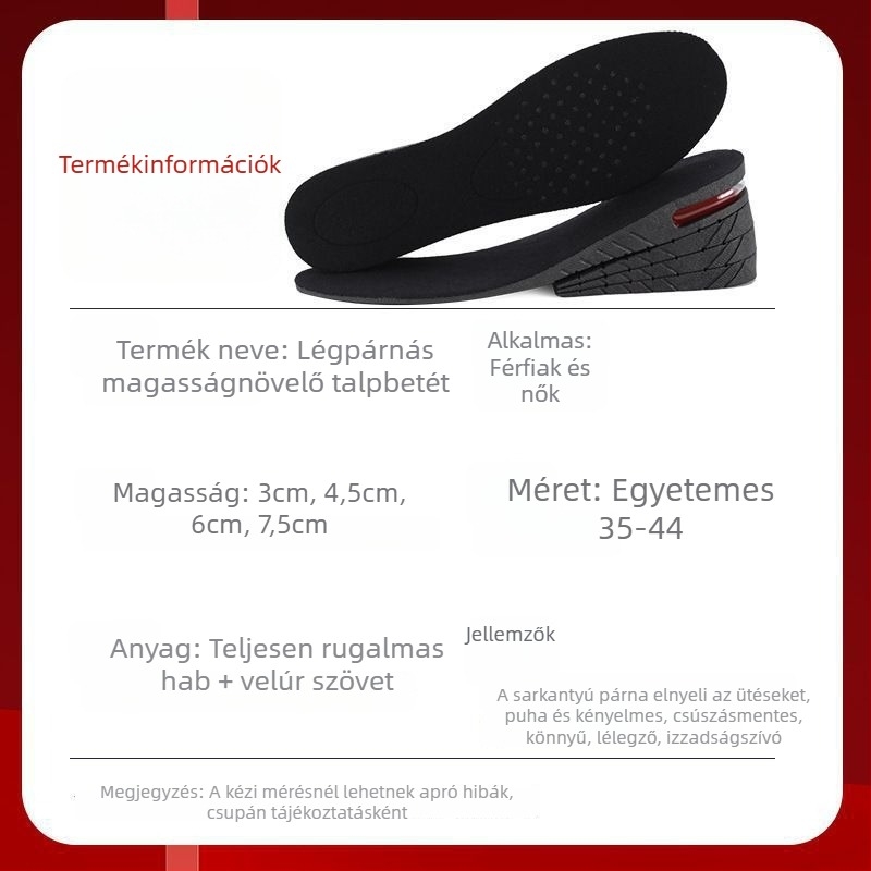Magasságot növelő talpbetét nőknek és férfiaknak, láthatatlan, kényelmes, ütéscsillapító légpárnás, teljes talpbetét, sportos puha talp