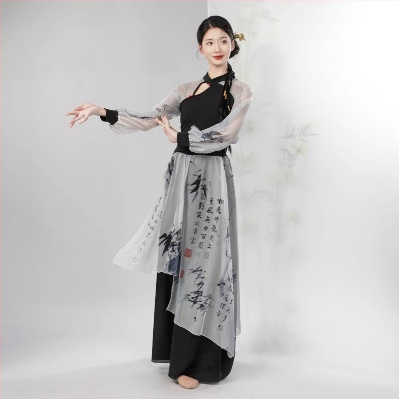 Táncruha cheongsam-stílusú galléval, karcsú szabás, áttetsző hosszú ujjak, poliészter anyag, nyár 2022, hasi táncra (poliészter; poliészter; poliészter; nyár 2022; hasi tánc)