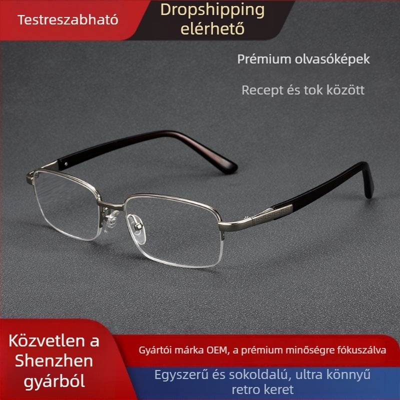 Olvasó szemüveg, akril lencsékkel, titanötvözet keret, félkeretes dizájn, négyszögletes forma, közelre és távolra látásra