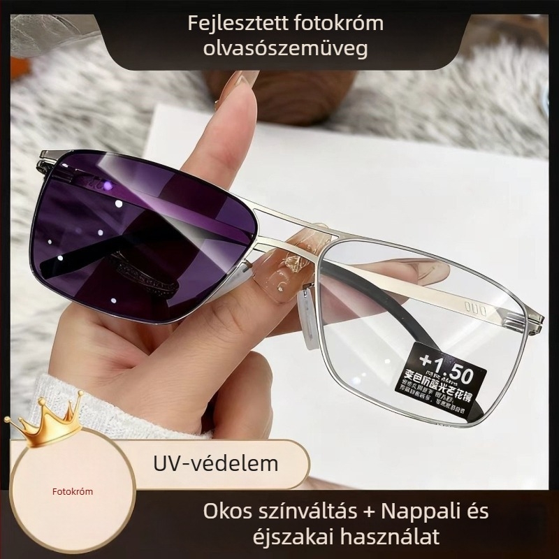 Olvasó szemüveg fotóchromos multifokális lencsékkel, keret nélküli, kerek keret, TR+fém keret, felnőtteknek, ovális arcforma, 2025 tavasz
