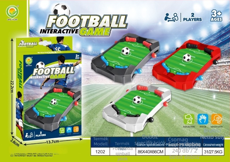 Kétszemélyes, többjátékos asztali játék: futball, jégkorong és pinball; műanyagból; Weizhikang márka; 4–14 éveseknek; fejleszti a kéz-szem koordinációt