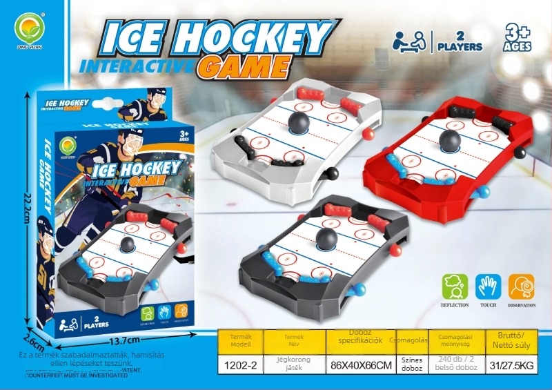 Kétszemélyes, többjátékos asztali játék: futball, jégkorong és pinball; műanyagból; Weizhikang márka; 4–14 éveseknek; fejleszti a kéz-szem koordinációt
