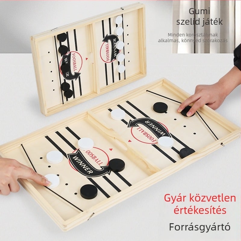 Fából készült interaktív kétfős társasjáték katapult-mechanizmussal — oktatási célú, fejleszti a kéz- és szemkoordinációt és a kognitív készségeket, támogatja a szülő-gyermek interakciót