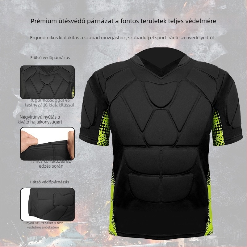 Spandex anyagú rövid ujjú védőruha derék- és vállvédőkkel felnőtteknek, több sporthoz (futball, rugby, jégkorong, paintball, lövészet)