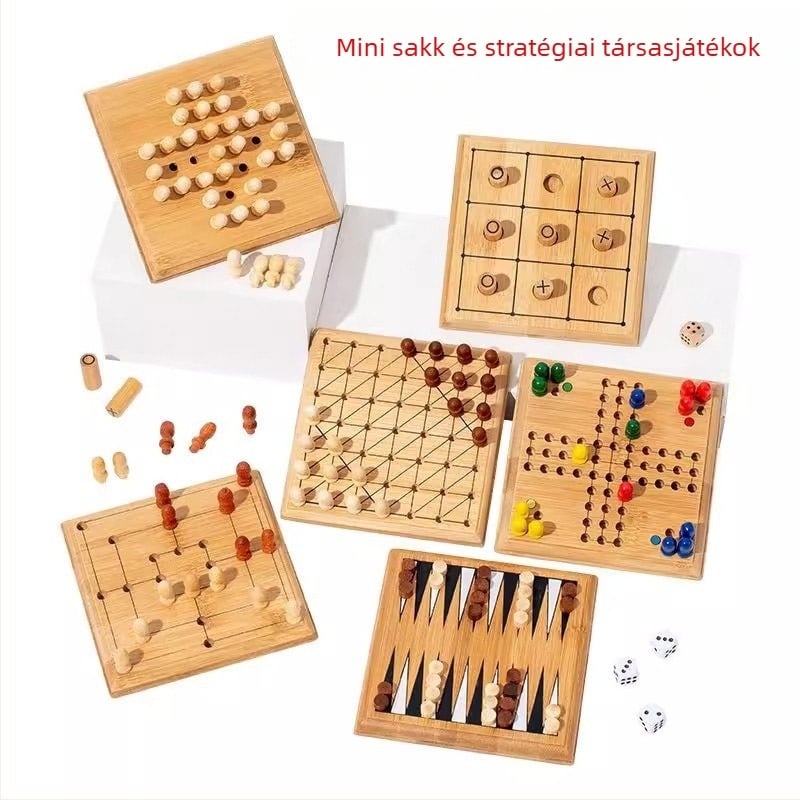 Fából készült asztali játék sakk, XO és dáma mini hordozható játéktáblával; 4–14 éves gyerekeknek; modell mkx-Pocket Game Chess