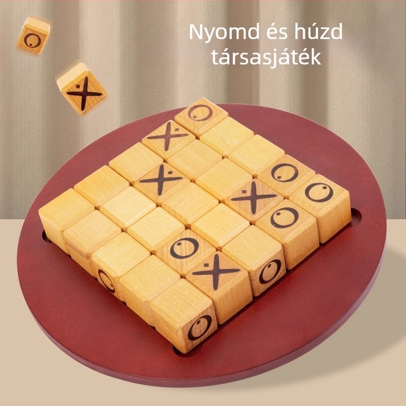 Fából készült asztali játék sakk, XO és dáma mini hordozható játéktáblával; 4–14 éves gyerekeknek; modell mkx-Pocket Game Chess
