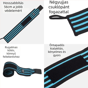 TMT Fitness csuklópánt – elasztikus csukló támogatás; anyag: poliészter-latex szál; védő rész: csukló; kategória: bracer; felnőtteknek; sportok: tenisz, hegymászás, fitnesz, squash, kosárlabda, röplabda, futball, harcművészetek; csomagolás: 200 darab.