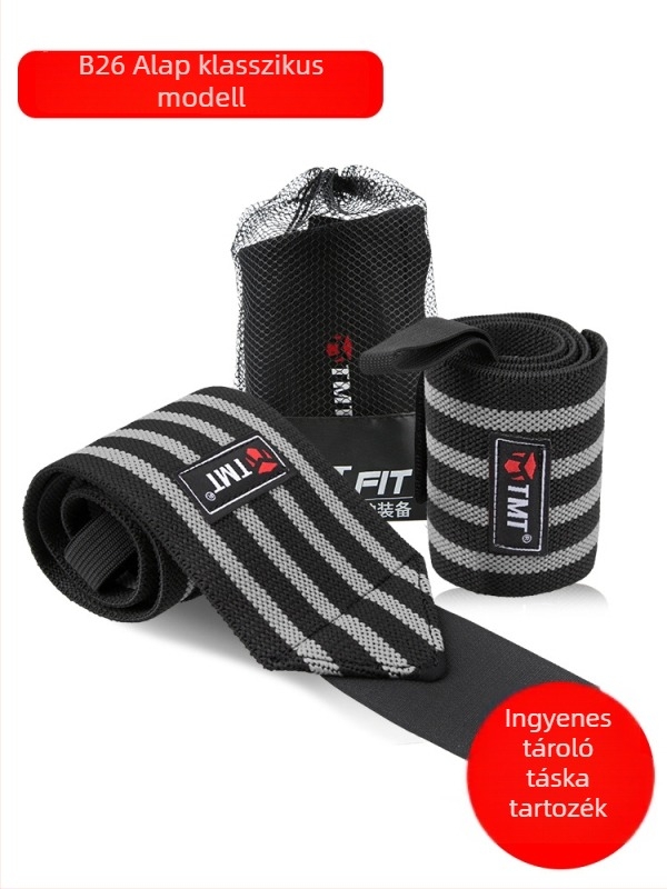 TMT Fitness csuklópánt – elasztikus csukló támogatás; anyag: poliészter-latex szál; védő rész: csukló; kategória: bracer; felnőtteknek; sportok: tenisz, hegymászás, fitnesz, squash, kosárlabda, röplabda, futball, harcművészetek; csomagolás: 200 darab.