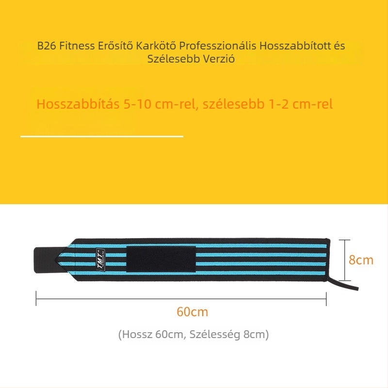 TMT Fitness csuklópánt – elasztikus csukló támogatás; anyag: poliészter-latex szál; védő rész: csukló; kategória: bracer; felnőtteknek; sportok: tenisz, hegymászás, fitnesz, squash, kosárlabda, röplabda, futball, harcművészetek; csomagolás: 200 darab.