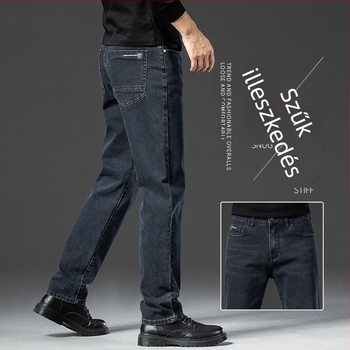 Férfi denimnadrág, egyenes szárú, középmagas derék, cipzár, fleece bélés