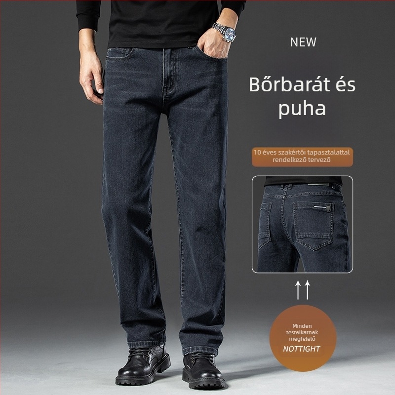 Férfi denimnadrág, egyenes szárú, középmagas derék, cipzár, fleece bélés