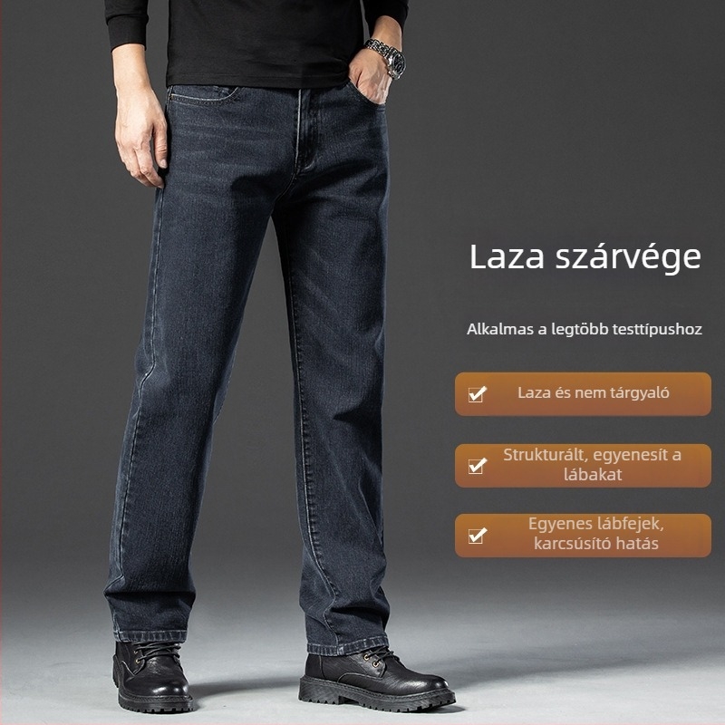 Férfi denimnadrág, egyenes szárú, középmagas derék, cipzár, fleece bélés