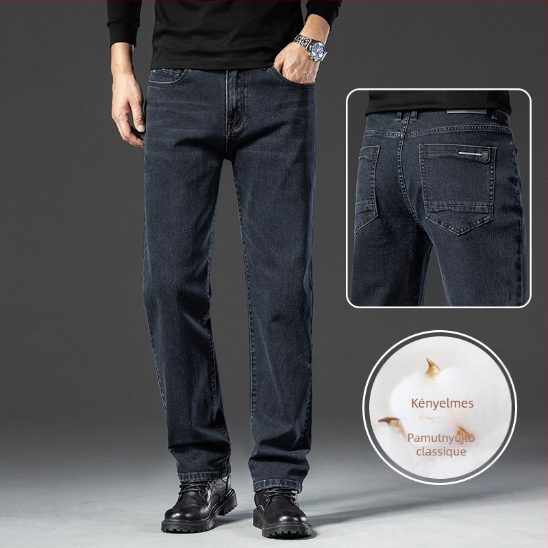 Férfi denimnadrág, egyenes szárú, középmagas derék, cipzár, fleece bélés