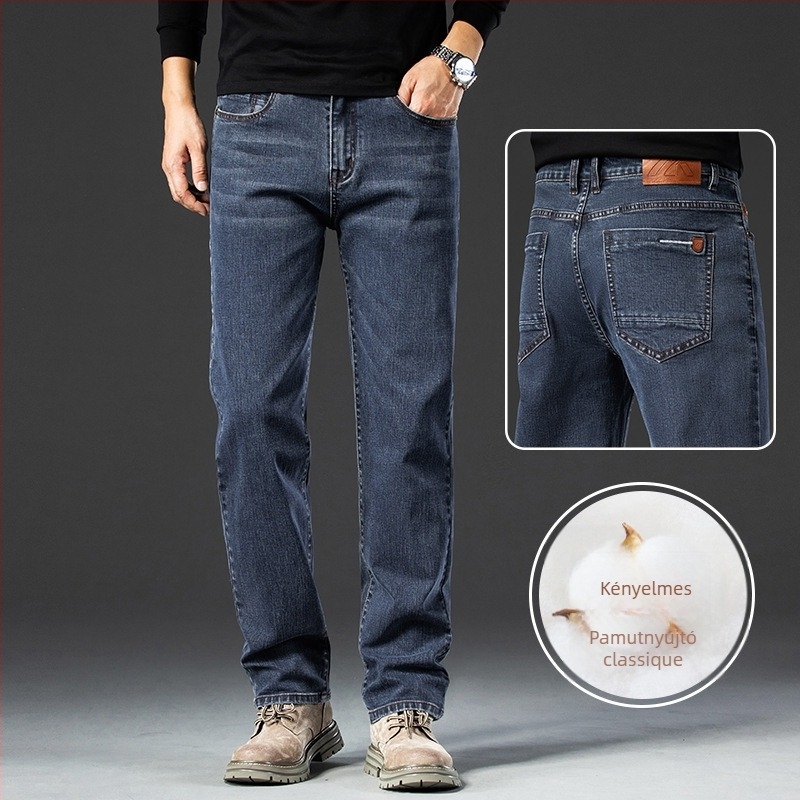 Férfi denimnadrág, egyenes szárú, középmagas derék, cipzár, fleece bélés