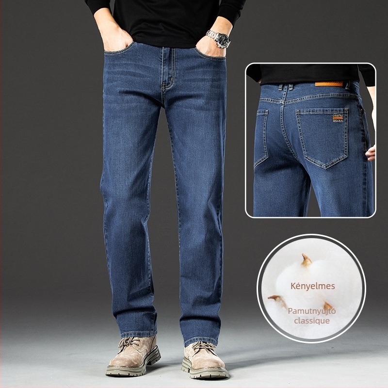 Férfi denimnadrág, egyenes szárú, középmagas derék, cipzár, fleece bélés