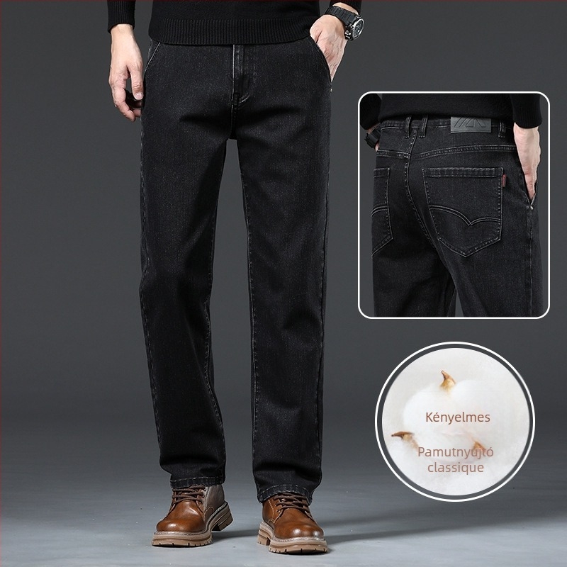 Férfi denimnadrág, egyenes szárú, középmagas derék, cipzár, fleece bélés