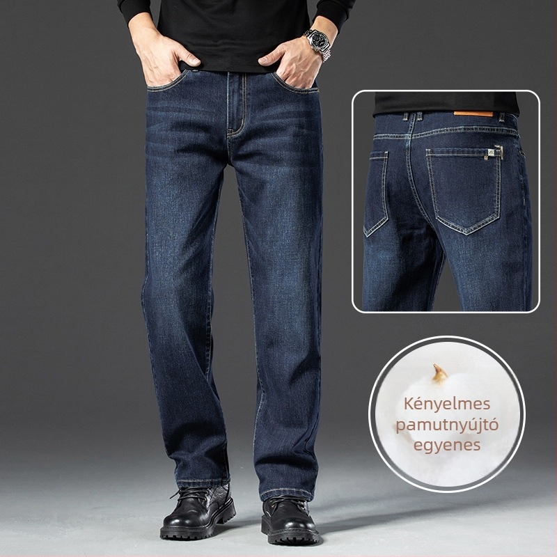 Férfi denimnadrág, egyenes szárú, középmagas derék, cipzár, fleece bélés