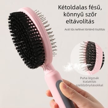 Dupla oldalú rozsdamentes acél szőrész fésű háziállatoknak — kutyáknak és macskáknak, fürdetéshez és szőrzetápoláshoz, szőrszálak eltávolítása, masszázs légzsákkal; Anyag: PP + TPR + rozsdamentes acél tűk; Márka Hawoo/haowo