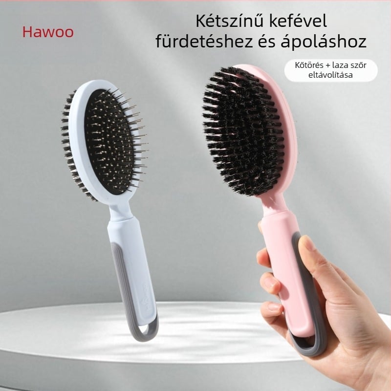 Dupla oldalú rozsdamentes acél szőrész fésű háziállatoknak — kutyáknak és macskáknak, fürdetéshez és szőrzetápoláshoz, szőrszálak eltávolítása, masszázs légzsákkal; Anyag: PP + TPR + rozsdamentes acél tűk; Márka Hawoo/haowo