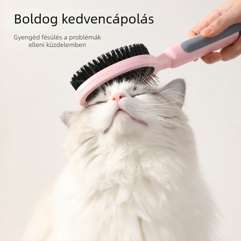 Dupla oldalú rozsdamentes acél szőrész fésű háziállatoknak — kutyáknak és macskáknak, fürdetéshez és szőrzetápoláshoz, szőrszálak eltávolítása, masszázs légzsákkal; Anyag: PP + TPR + rozsdamentes acél tűk; Márka Hawoo/haowo