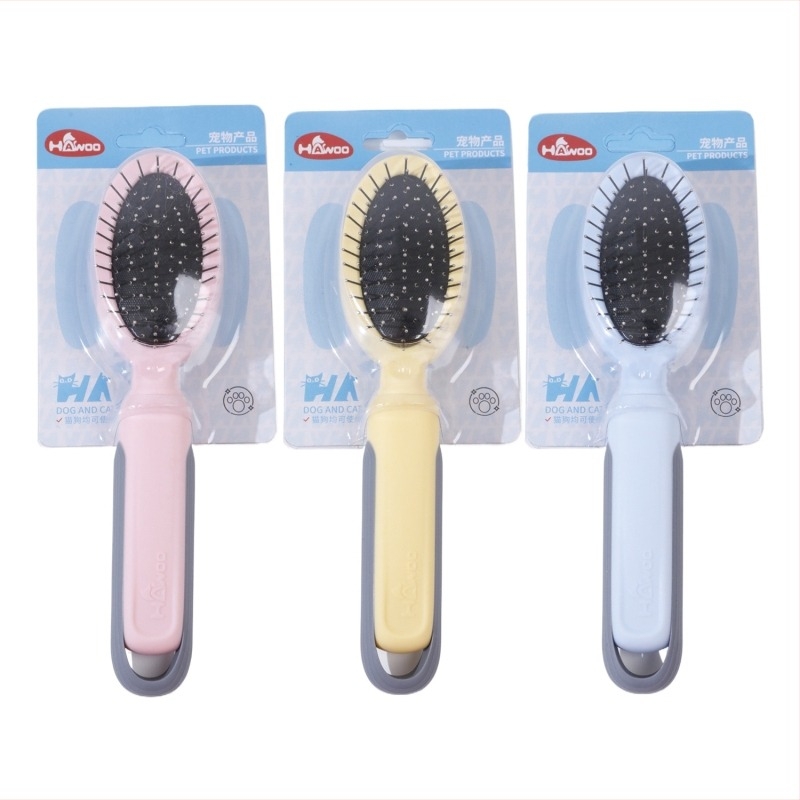 Dupla oldalú rozsdamentes acél szőrész fésű háziállatoknak — kutyáknak és macskáknak, fürdetéshez és szőrzetápoláshoz, szőrszálak eltávolítása, masszázs légzsákkal; Anyag: PP + TPR + rozsdamentes acél tűk; Márka Hawoo/haowo