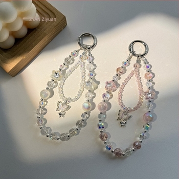 Könnyű luxus telefontartó lánc kristály pillangó gyöngyökkel; kézzel készített gyöngyök; kristály anyag; fényűző stílus; minta csillagok és hold