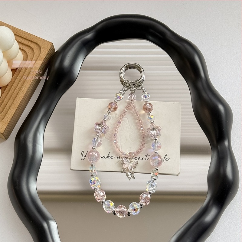 Könnyű luxus telefontartó lánc kristály pillangó gyöngyökkel; kézzel készített gyöngyök; kristály anyag; fényűző stílus; minta csillagok és hold